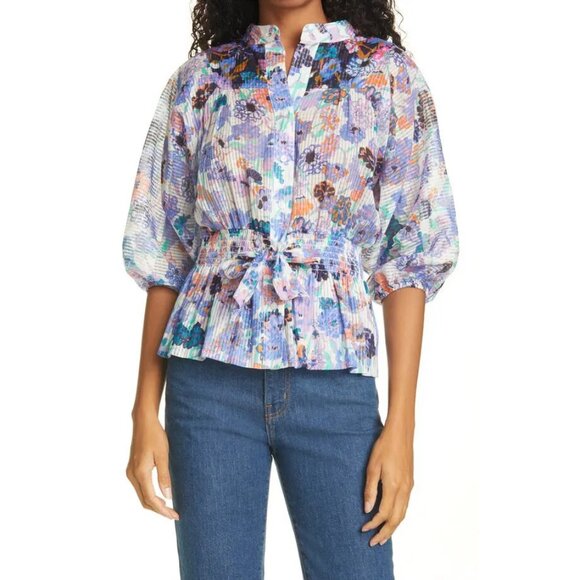 Tanya Taylor Tops - Tanya Taylor Mixed Meadow puff sleeve cotton blouse